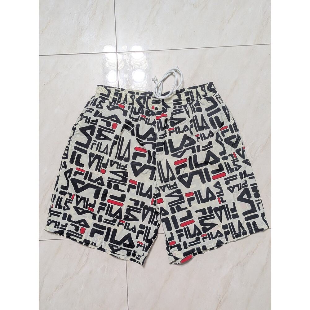 FILA Men's XL All Over Logo Print Swim Trunks Drawstring Mesh Lined Board Shorts
